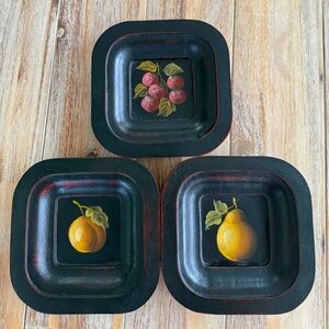 Primitive Folk Art Hand-Painted Black Square Decorative Wood Plate Set